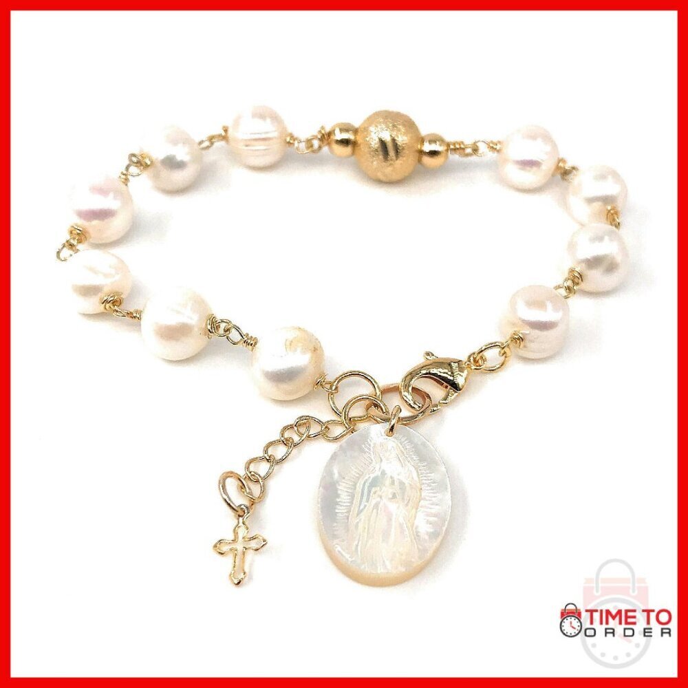 Virgin Mary Pearl Bracelet Adjustable Handmade 8-9mm Cultured Pearls